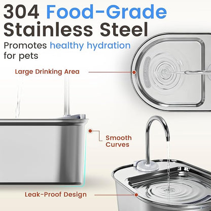 Stainless Steel Cat Water Fountain, 108oz/3.2L with 1 Filter | Auto Shut Off, Quiet Pump, Water Level Indicator, Dry-Run Protection, Large Oval Pet Water Dispenser for Cats and Dogs