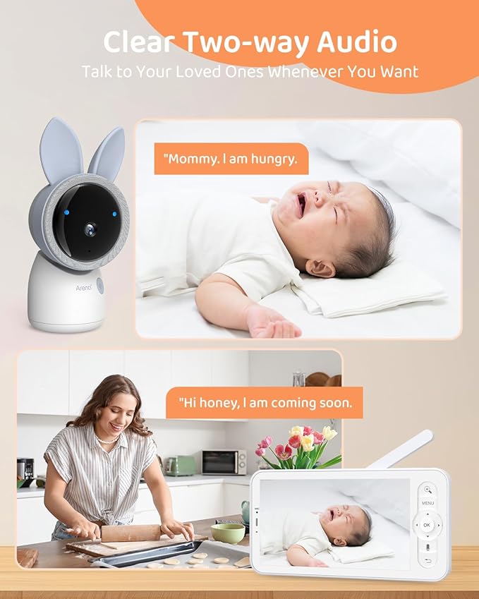 ARENTI 2.4G&5G Smart Baby Monitor with Camera and Audio, 5’’ WiFi/No-WiFi 4MP Split Screen with Night Light, Smoothing Lullabies, Cry&Motion Detection, Temp&Humidity Senor, Free APP with Motion Video