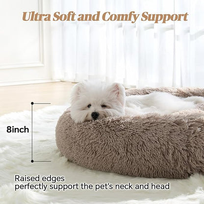 Calming Small Dog Bed, Donut Fluffy Anti-Anxiety Round Washable Cute Bed, Plush Cozy Cuddler Warming Soft Comfort Pet Bed for Small Medium Dogs Cats, 28inch,Brown