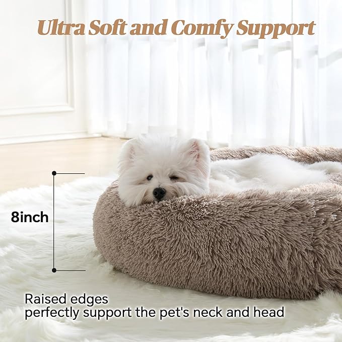 Calming Small Dog Bed, Donut Fluffy Anti-Anxiety Round Washable Cute Bed, Plush Cozy Cuddler Warming Soft Comfort Pet Bed for Small Medium Dogs Cats, 20inch,Brown