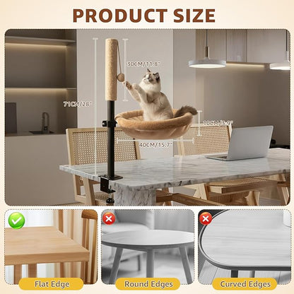 Cat Desk Bed with Scratching Post - Adjustable Height & 360° Rotation, Reversible Machine Washable Cover, Space-Saving Clamp-On Design for Office Desks, Sturdy Support for Indoor Cats