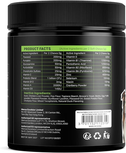 Dog Vitamins and Supplements - 150 Dog Multivitamin Chewable - Immune, Joint Support, Skin, Gut Health + Packed with Omega 3s, Glucosamine & Probiotics - Safe for Puppy - Duck