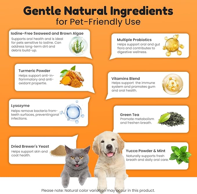 Dog Teeth Cleaning Powder - Plaque & Tartar Control, Breath Fresheners with Natural Seaweed, Probiotics, Vitamins, Turmeric & Enzymes for All Dogs & Cats (Chicken Flavor, 75 Scoops)