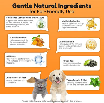 Dog Teeth Cleaning Powder - Plaque & Tartar Control, Breath Fresheners with Natural Seaweed, Probiotics, Vitamins, Turmeric & Enzymes for All Dogs & Cats (Chicken Flavor, 75 Scoops)