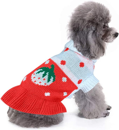 CHBORCHICEN Pet Dog Sweaters Classic Knitwear Turtleneck Winter Warm Puppy Clothing Cute Strawberry and Heart Doggie Sweater (L, Dress-Red1)