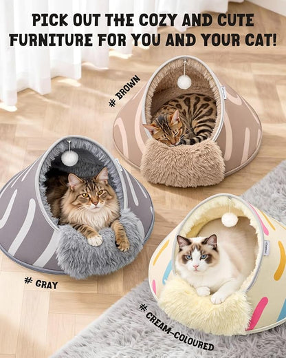 BurgeonNest 20-Inch Round Cat Bed Cave, Enclosed Hooded Pet House for Indoor Kittens, Anti-Collapse EVA Shell with Cord Access for Heating Pad, Washable Soft Plush, Brown