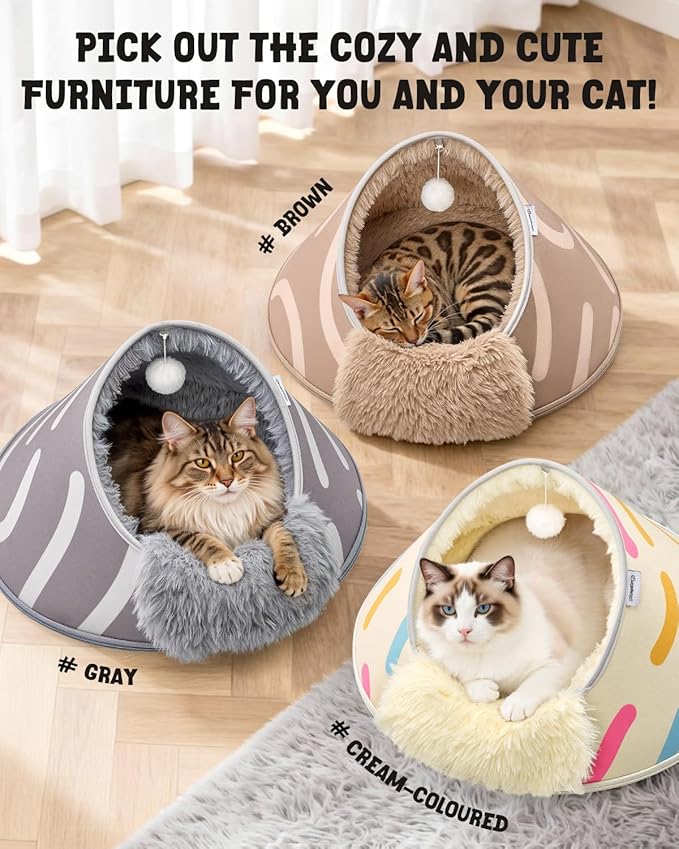 BurgeonNest 20-Inch Round Cat Bed Cave, Enclosed Hooded Pet House for Indoor Kittens, Anti-Collapse EVA Shell with Cord Access for Heating Pad, Washable Soft Plush, Grey