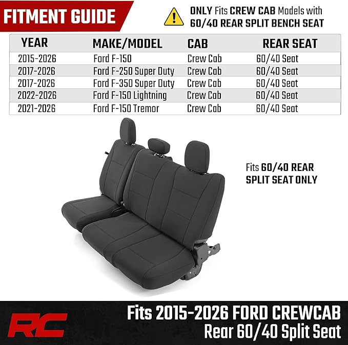 Rough Country Neoprene Rear Seat Covers for Ford F-150, Lightning, F-250 & F-350 (2015-2026) Crew Cab w/ Rear 60/40 Split