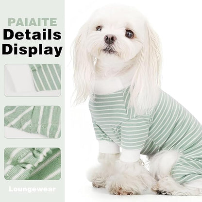 Paiaite Green Striped Dog Pajamas: 4-Legged Cotton Stretchable Jumpsuit Pjs - Lightweight Cozy Puppy Onesie Clothes, Comfortable Pet Sleepwear for Hair Shedding Coverage M