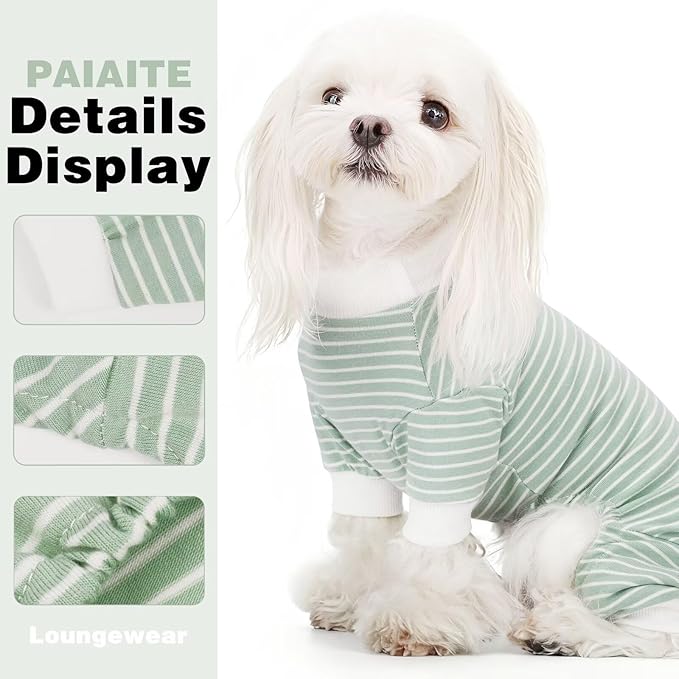 Paiaite Green Striped Dog Pajamas: 4-Legged Cotton Stretchable Jumpsuit Pjs - Lightweight Cozy Puppy Onesie Clothes, Comfortable Pet Sleepwear for Hair Shedding Coverage 3XL