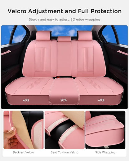 Huidasource Pink Rear Seat Covers, Nappa Leather Back Seat Covers with Ventilation Holes, Velcro Adjustable, Compatible with Armrests, Seat belts, Child Safety Seats, fit for Most Cars SUV Truck, Pink
