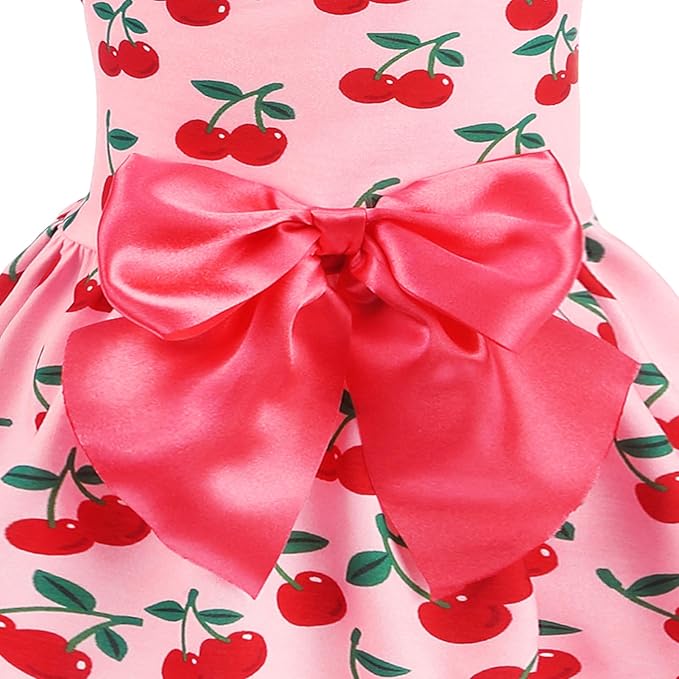 PUPTECK Print Dog Dress Pet Apparel with Cute Bowtie Puppy Clothes Outfit, Cherry, M