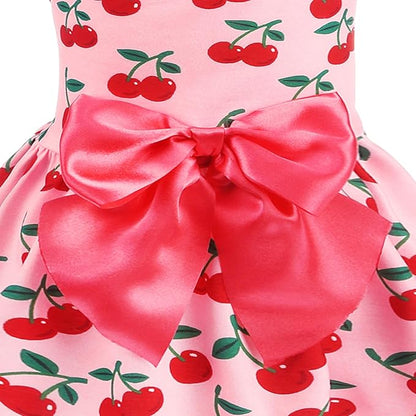 PUPTECK Print Dog Dress Pet Apparel with Cute Bowtie Puppy Clothes Outfit, Cherry, S