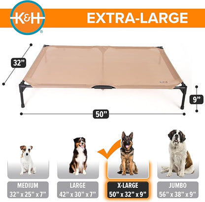 K&H Outdoor Elevated Dog Bed - Cooling Raised Dog Bed for Large & Extra-Large Pets, Breathable Mesh Hammock Design, Indoor/Outdoor Washable Cover, Portable Metal Frame, Tan, XL 50x32in