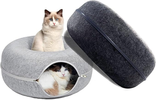Tunnel Bed for Indoor,cattasaurus Peekaboo cat cave for Multiple,Detachable Felt Felt Washable Interior for Indoor Cats,Donut Tunnel -24inch (Light Gray + Dark Gray)