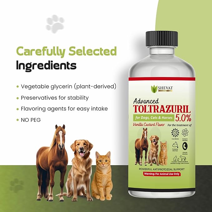 SHEVAT VITAMINS Advanced Toltrazuril 5.0% for Dogs, Cats & Horses – Vanilla Flavor – Oral Suspension – Easy-Dose Liquid – Includes 3 mL Dropper – Animal Use Only (120ml)