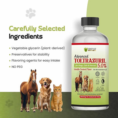 SHEVAT VITAMINS Advanced Toltrazuril 5.0% for Dogs, Cats & Horses – Vanilla Flavor – Oral Suspension – Easy-Dose Liquid – Includes 3 mL Dropper – Animal Use Only (120ml)