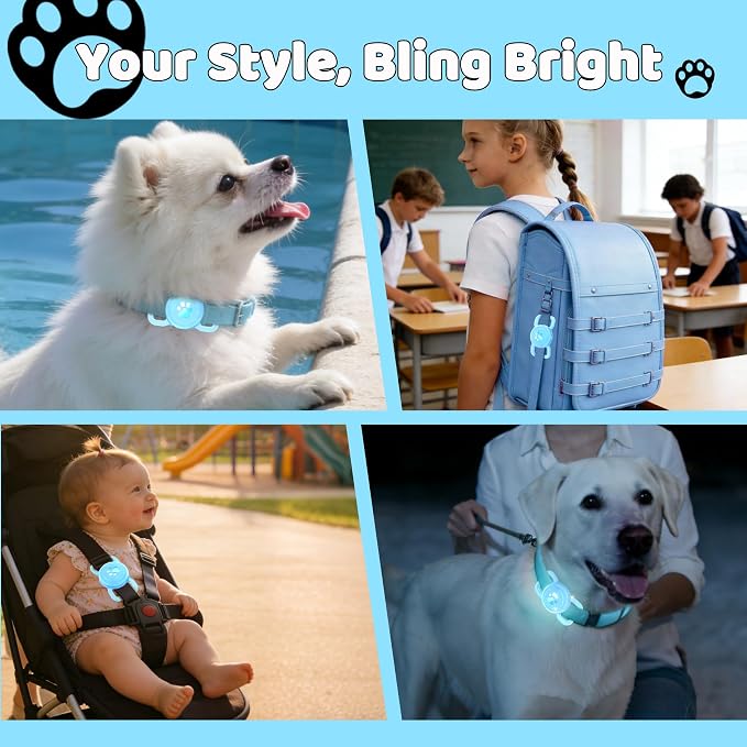 SANKALA Luminous Airtag Dog Collar Holder, Blue Glitter, 1 Pack | Glittery, Waterproof, Silicone Full Body Covered Anti-Lost Protective, Fits All Width Pet Collars, for Airtag 1st and 2nd
