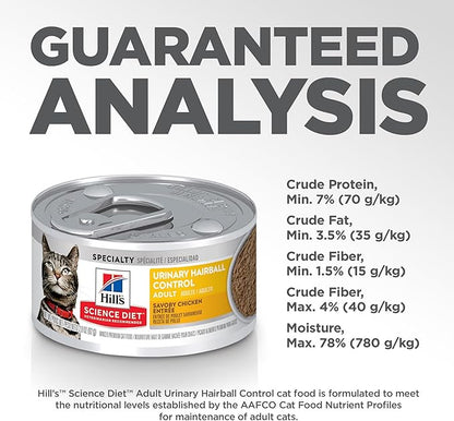 Hill's Science Diet Adult Urinary & Hairball Control Wet Cat Food, Chicken Minced, 2.9 oz. Cans, 24-Pack