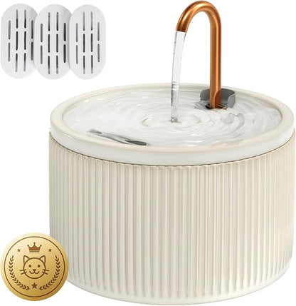 DOOOB Ceramic Cat Water Fountain 2.1L/71oz Ceramic Cat Fountains | Automatic Pet Water Fountain for Cats Pet Water Fountain with Ultra-Quiet Pump and 3 Filters & 3 Sponges (Beige)