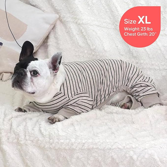 KYEESE Dog Pajamas Soft 4 Legs Doggie Jammies Striped Dog PJS Pet Jumpsuit Comfy Puppy PJS Clothes Breathable Pajamas Stretchable Outfit Cozy Onesie Sleepwear for Summer,Ivory Brown Striped, Small