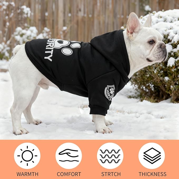 BEAUTYZOO Security Dog Hoodie Sweaters for Small Medium Large Dogs, Brushed Fleece Dog Clothes with Hat,Soft Winter Fall Coat All Weather Pullover, Classic Halloween Costume with Leash Hole, Black M
