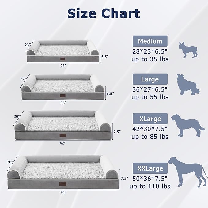 WESTERN HOME Large Dog Bed, Orthopedic Dog Beds with Waterproof Lining, XL Pet Couch with Removable Washable Cover and Nonskid Bottom, Extra Large Sofa Bed, Grey