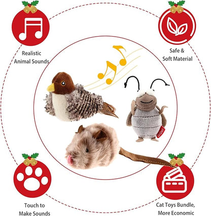Gigwi Automatic Cat Toys Pack - Interactive Electronic Plush Toys with Bird/Cricket/Mouse Sounds for Indoor Cats to Play Alone and Squeak, 3 Pcs