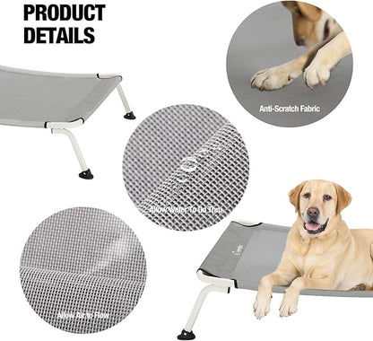 Veehoo Elevated Dog Bed for Outdoor, Cooling Waterproof Raised Dog Cots Beds for Large Dogs, Curved Off Ground Pet Hammock Cot Lifted for Outside, up to 85lbs, White Legs, Grey 42"