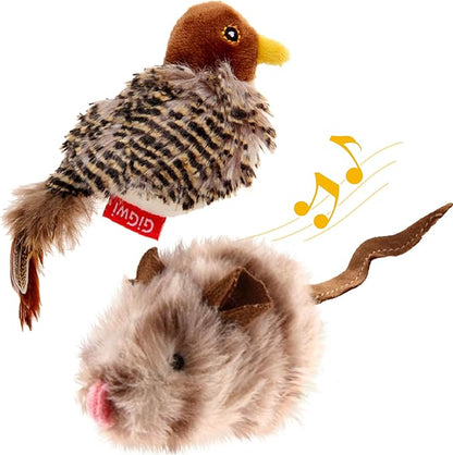 Gigwi Automatic Cat Toys Pack, Interactive Electronic Squeaky Animals Bird and Mouse, Plush Toys for Cats to Play Alone, 2 Pcs
