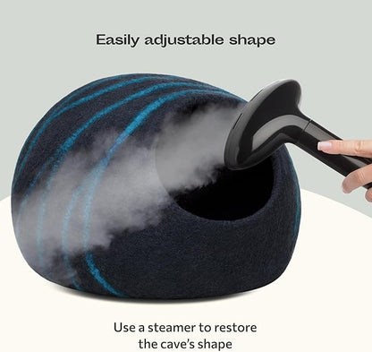 MEOWFIA Cat Cave – Premium Felt Cat Bed for Indoor Cats, Handmade Merino Wool (Black Aqua, Large)