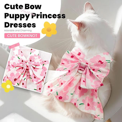 ABRRLO Cute Dog Dress Small Dog Clothes for Girls Female Puppy Outfits Floral Pet Summer Clothes Bowknot Doggy Harness Dress Cat Princess Dresses for Holiday Birthday Party (Pink Floral, Medium)