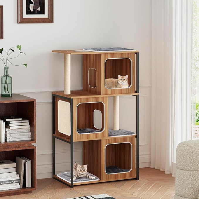 PETSITE 52-inch Wood Cat Tree for Indoor Cats, Multi-Level Solid Metal Framed Wooden Cat Tower with Sisal Scratching Posts and Pad, 3 Condos, and Top Platform with Cat Hole