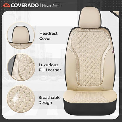 Coverado Car Seat Covers Full Set, Beige Car Seat Covers, Luxury Leather Car Seat Cover with Carbon Fiber Textured Design, Spill-Proof Seat Cushions, Automotive Seat Cover Universal Fit Most Cars