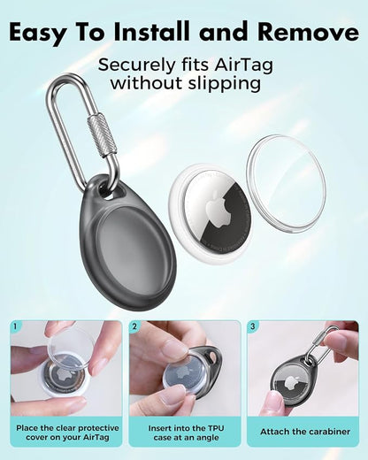 UNBREAKcable for AirTag Holder Case with Professional Carabiner, 4 Pack | Waterproof, Shockproof, Hold Securely, Easy to Install, Protective AirTag Keychain for Keys, Pets, Luggage-Trans Black