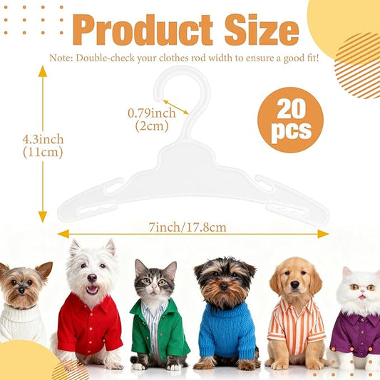20 Pcs Dog Clothes Hangers 7 Inch White Plastic Pet Clothes Hangers with Non-Slip Clips, Cat Clothing Hangers, Pet Clothing Holders Coat Hangers for Small Pet Such as Dog & Cat Costumes