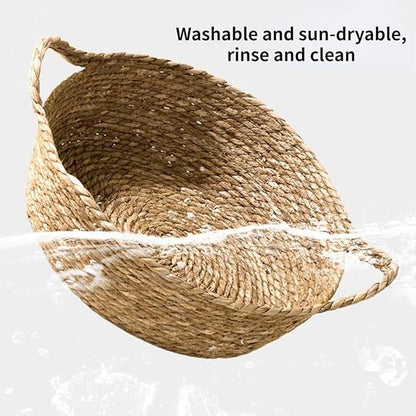Cat Bed, Straw Woven Cat Baskets Bed, Round Wicker Cat Basket Nest, Non-Slip Cozy Kitten Bed for Cats Small Dog (with Cushion,Large)