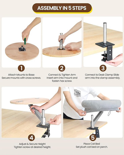 tomxcute Cat Desk Bed - Integrated Die-Cast Arm for Stability - 360° Rotation & Height Adjustable - 45 lbs Support - Cat Desk Perch for S/M/L Cat - Removable Washable Office Cat Bed with Wooden Base