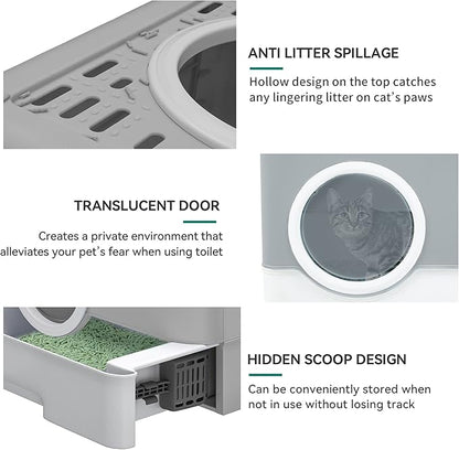 YITAHOME Large Enclosed Cat Litter Box with Lid Cover, Hooded Odorless Anti-Splashing Cat Toilet with Drawer Litter Scoop Front Entry Top Exit Door, Easy to Install and Clean