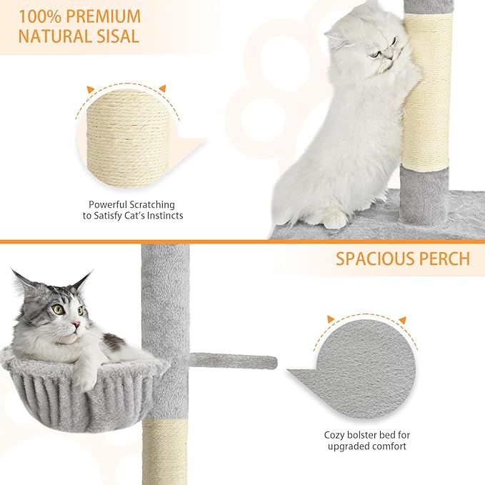 ABCPET Floor to Ceiling Cat Tree,5 Tiers Tall Cat Tower with Adjustable Height(98-110),Cat Tree Floor to Ceiling with Cozy Hammock,Sisal Scratching Posts,Platforms,and Hanging Balls for Large Cats