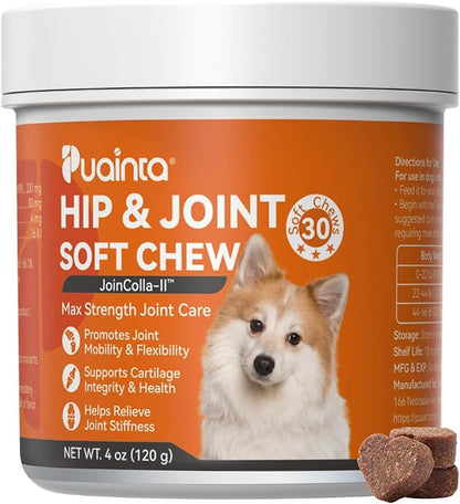 PUAINTA Hip & Joint Soft Chews for Dogs & Cats – Glucosamine, Chondroitin, Collagen & MSM for Joint Support, Mobility & Flexibility, Senior & Small/Medium Breeds, Chicken Flavor (30 Count)