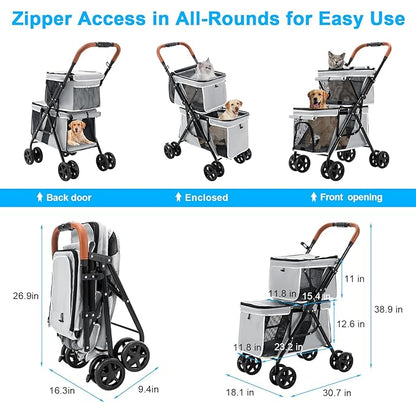 Double Pet Stroller for Dogs and Cats, One-Hand Folding Dog Stroller Travel Carriage for Small Medium Dogs Cats, 4 Wheels, Gray