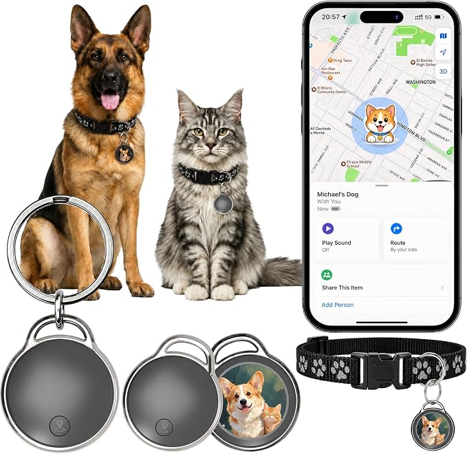 GPS Tracker for Dogs/Cats, Real-Time Tractive GPS Dog Tracker Device | Dog/Cat Tracker Pet Location Tracking with Collar, No Monthly Fee/No SIM Card, Works for iOS Find My, IP68 Waterproof