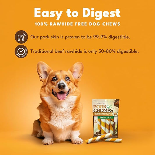 Pork Chomps Baked Pork Skin Dog Chew, 6-inch Twists, Peanut Butter Wrap, 4 Count (Pack of 2)