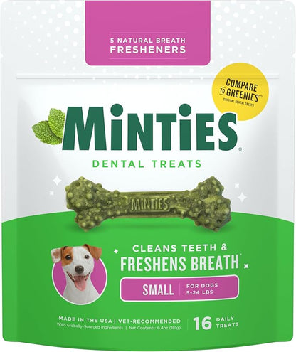 Minties Dog Dental Bone Treats, Tiny/Small Dental Dog Treats, 5-25 lbs, Clean Teeth, Fight Bad Breath, Removes Plaque and Tartar, 16 Count
