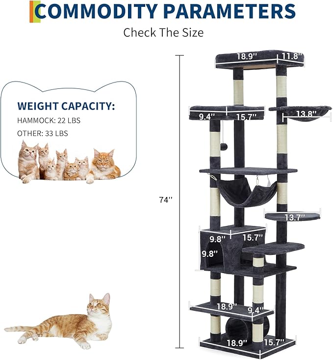74" Tall Cat Tree,Large Cat Tree for Big Cats,Cat Tower with Scratching Posts, Condo, Perches, Hammock, Tunnel & Feeding Station,Deep Gray