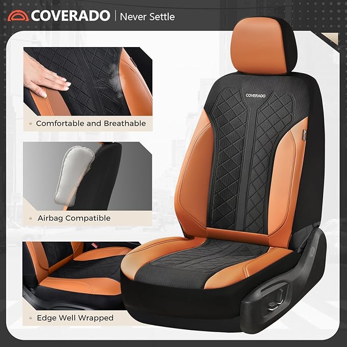 Coverado Seat Covers Full Set, Brown Car Seat Covers, PU Leather & Breathable Mesh Seat Protectors, 5-Piece Automotive Seat Covers, Universal Fit for SUVs, Trucks, Sedans