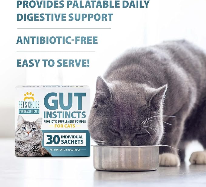 Pet’s Choice Gut Instincts Probiotic Powder Packets for Cats, 30 Count – Daily Digestive & Immune Support with Lactobacillus, Enterococcus, Inulin & Taurine – Chicken Liver Flavor