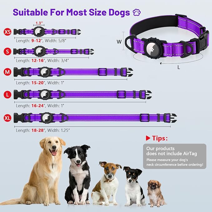Taglory AirTag Dog Collar with Waterproof Holder for Puppy, Red, XS | Reflective for Night Walks & Low-Light Safety, Track Your Pup Peace of Mind, Adjustable Soft Padded, No More Dangling Tags
