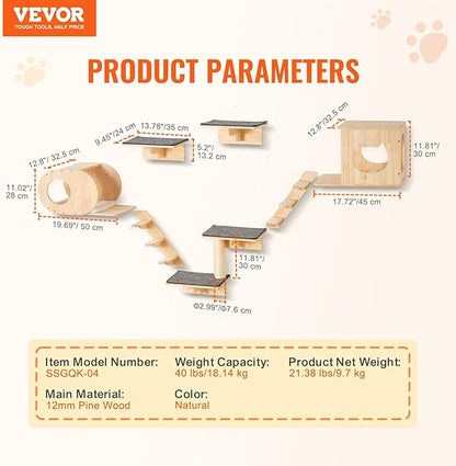 VEVOR Wall Mounted Cat Shelves and Perches with Jumping Boards, Cat Beds, Hammocks & Tree, Up to 40 lbs for Sleeping, Playing, Climbing - Set of 7